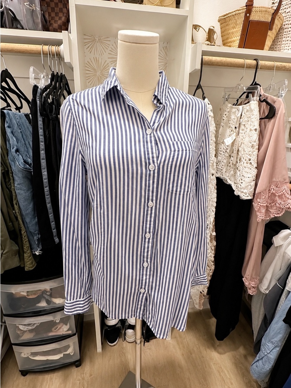 beachlunchlounge Blue and White Vertical-Stripe Button Down Shirt